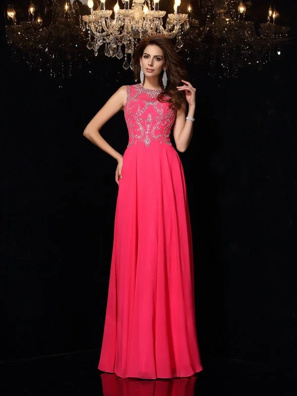 Women's Holiday Clothing Evening Looks A-Line/Princess Scoop Beading Sleeveless Long Chiffon Dresses #51243