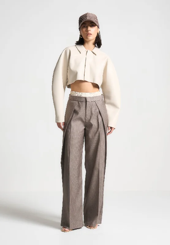 Women's Tailored Outfit Budget-Friendly Fashion Satin Waistband Pinstripe Trousers - Taupe