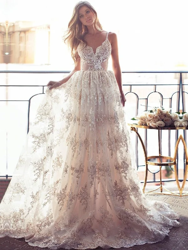 Women's Occasion Wear Apparel Today Only A Line Spaghetti Straps Backless Champagne Lace Appliques Ivory Wedding Dresses, Lace Champagne Prom Dresses, Formal Dresses, Evening Dresses