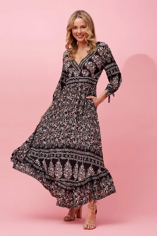 Women's Clothing For Holiday Travel Y2K Nostalgic Fashion Look Venus Boho Maxi Dress - Brown Paisley