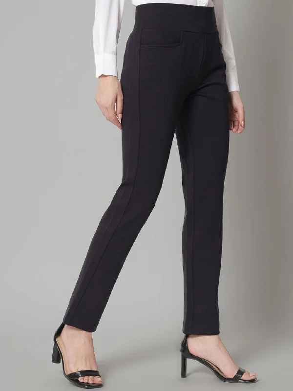 Women's Office Attire Summer Fashion Mid Waist Stretch Tapered Fit Trouser - Navy Blue