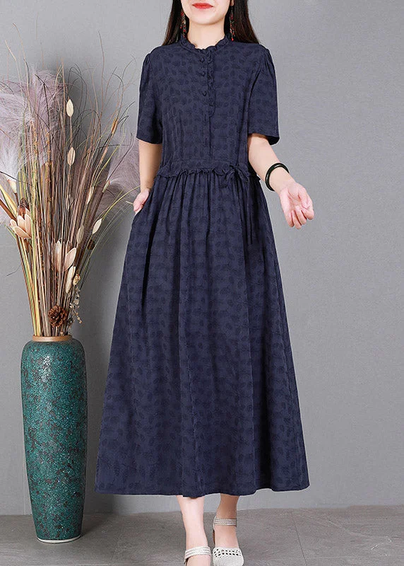 Charming Women's Clothes For Special Events Elegant Simplicity Wardrobe Diy Navy Blue Print Ruffled Button Linen Maxi Dresses Short Sleeve