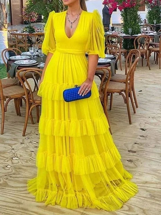 Women's Night-Out Clothes Graceful Cut Yellow Mesh Sweet Ruffle Maxi Dress,Yellow A-line Prom Dress Y6228