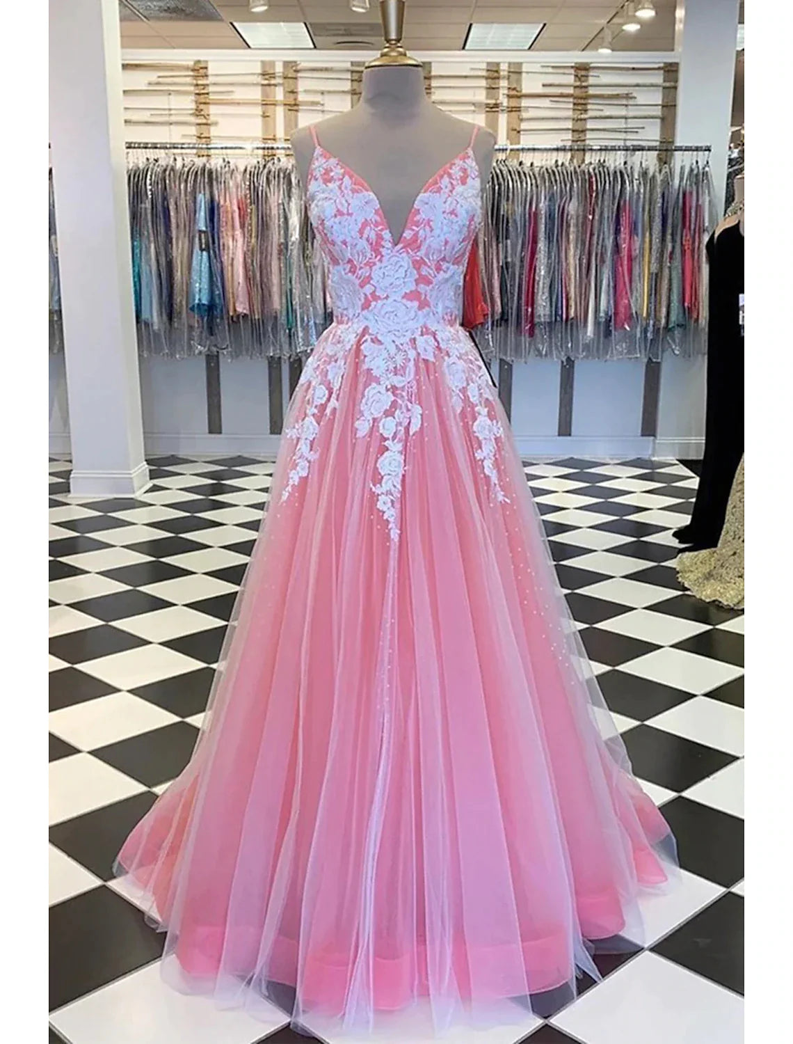 Women's Elegant Evening Attire New Season Fashion Preview A-Line Prom Dresses Princess Dress Formal Floor Length Sleeveless V Neck Tulle with Pleats Appliques