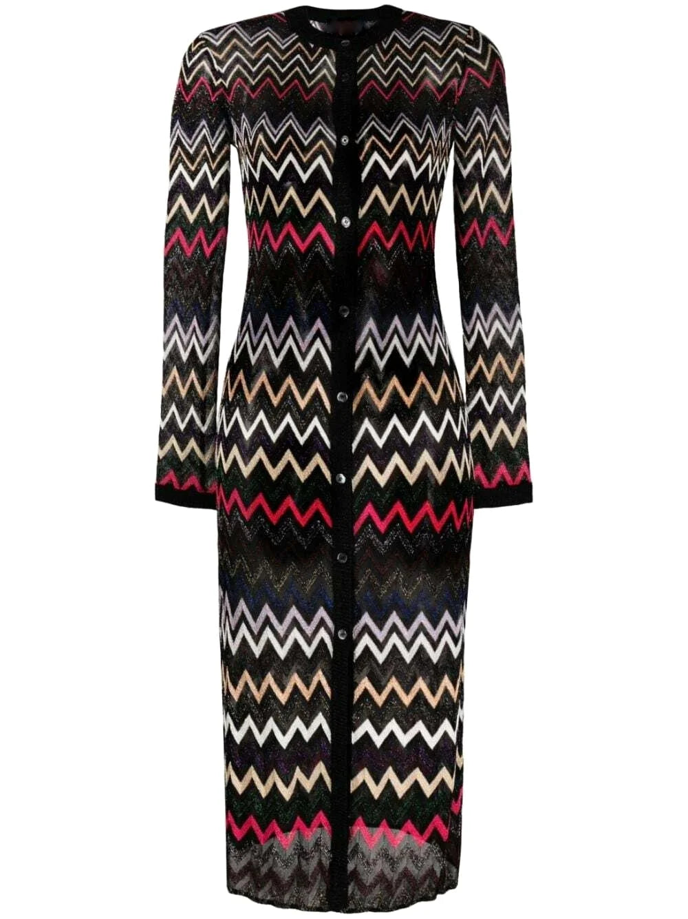 Women's Clothing Apparel Elegant Attire For The Modern Lady Multicolor Zig Zag Knit Metallic Cardigan Midi Dress