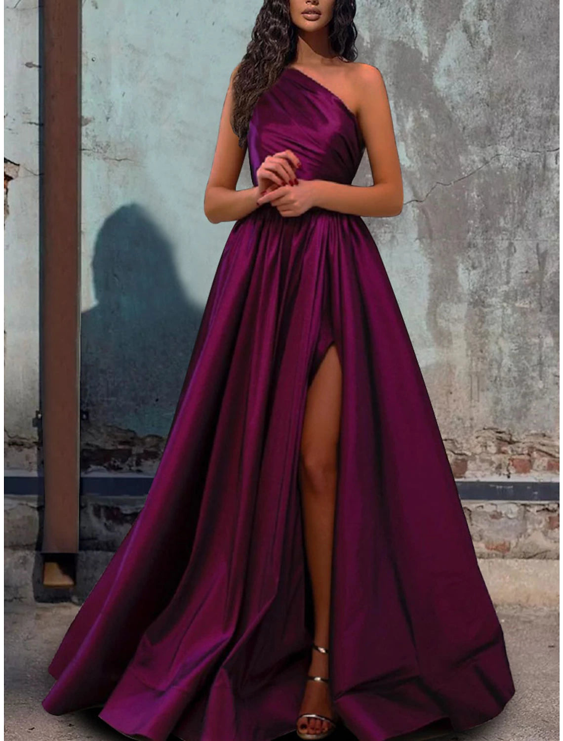 Women's Elegant Formal Outfit Elegant Contour A-Line Minimalist Elegant Engagement Formal Evening Birthday Dress One Shoulder Sleeveless Floor Length Satin with Pleats Slit