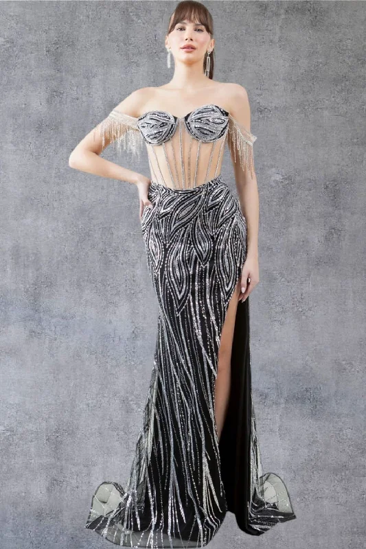 Women's Formal Event Clothing Fashion Essentials Off Shoulder Fringe Gown by Cinderella Couture 8147J