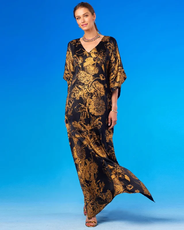 Women's Evening Outfit Vibrant Prints Shireen Black Silk Kaftan in Bronze Gold Floral Toile