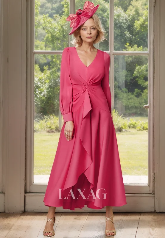 Women's Casual Wear Clothing Runway Inspired Wear Long-Sleeves V-Neck A-Line Mother of the Bride Dress Pleated Chiffon High-Low Cocktail Gowns