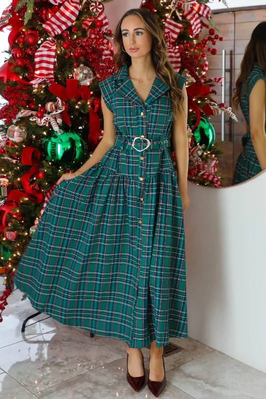 Women's Outerwear Garments Special Occasion Wear Mrs. Claus Midi Dress: Green/Plaid