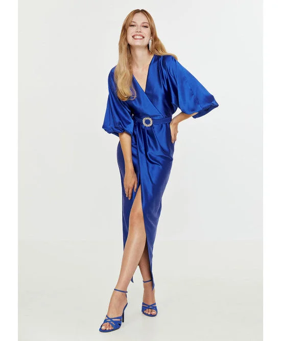 Women's Travel Apparel Save Big Access Royal Blue Satin Wrap Draped Dress