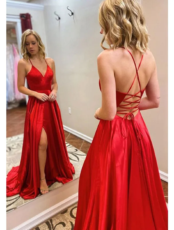 Women's Evening Garments Trendy Street Style Attire A-Line Prom Dresses Sexy Dress Formal Sweep / Brush Train Sleeveless V Neck Imitation Silk Backless with Slit