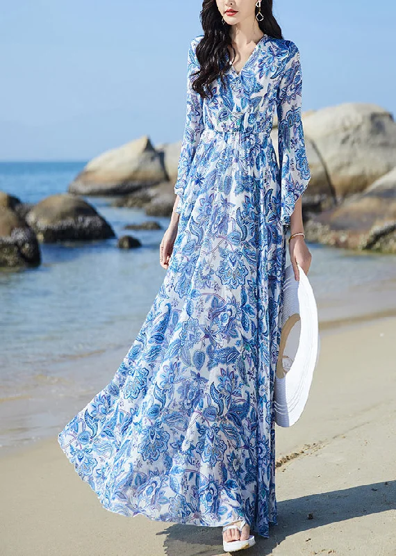 Women's Plus-Size Clothes Fashion-Forward Outfits Elegant Blue V Neck Print Elastic Waist Chiffon Vacation Maxi Dresses Flare Sleeve