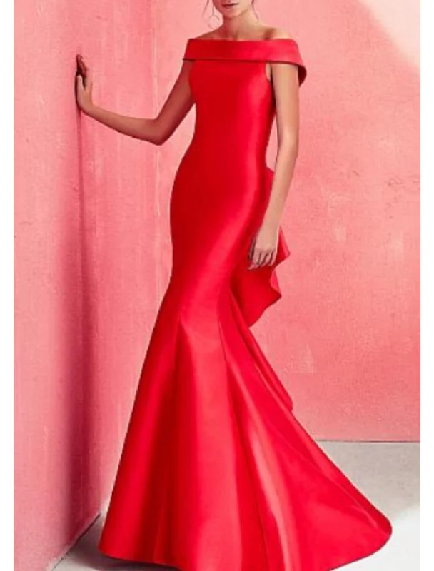 Women's Weekend Outfit Refined Simplicity Mermaid / Trumpet Beautiful Back Engagement Formal Evening Dress Off Shoulder Short Sleeve Floor Length Satin with Ruffles Draping