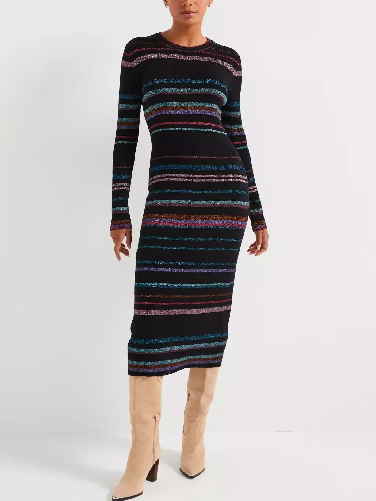 Timeless Women's Garments Unleash Your Style Stripe Metallic Knit Midi Dress