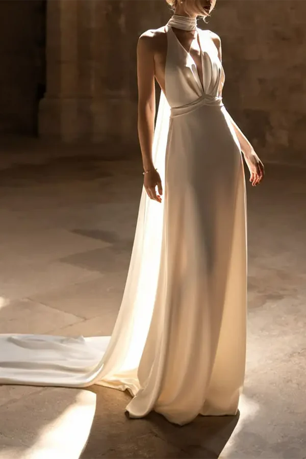 Women's Clothing For Travel Fashion Essentials A Line Unique Hanging Neck Sexy Open Back Bohemian Wedding Dress with Sweeping Train