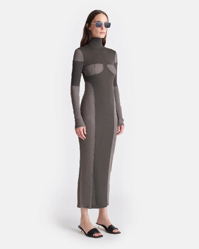 Women's Clothing New Arrivals Imelda - Patchwork Mesh Jersey Midi Dress - Dark Moss/Fossil Grey