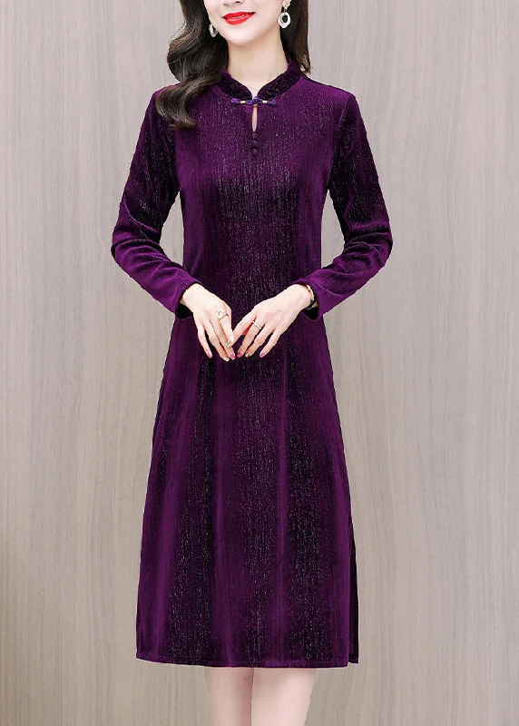 Women's Loungewear Clothes Stylish Looks Purple Side Open Silk Velour Maxi Dress Fall