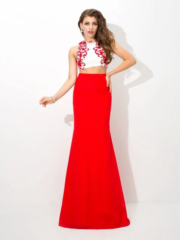 Women's Formal Clothes Elegant Style Sheath/Column High Neck Applique Sleeveless Long Chiffon Two Piece Dresses