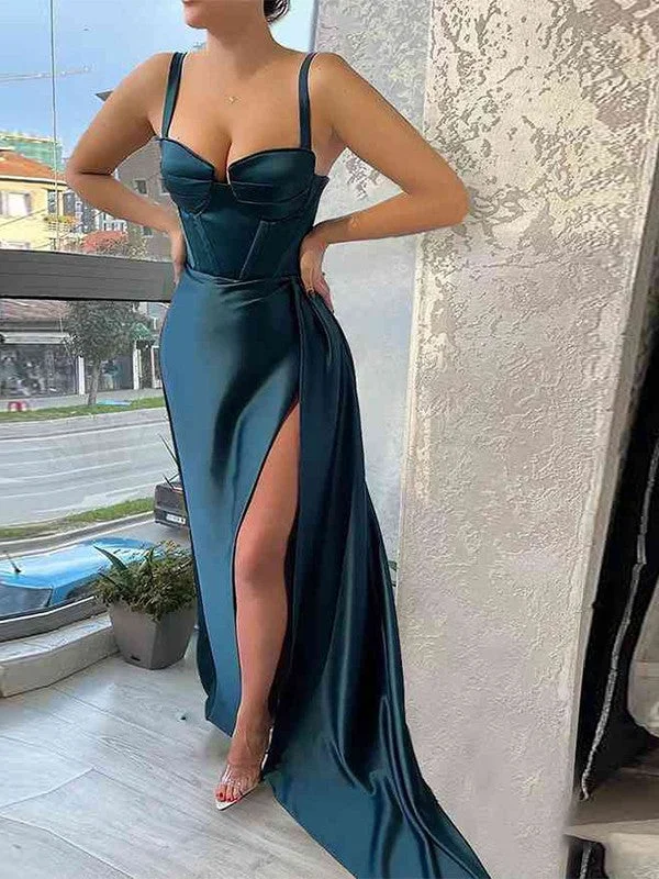 Casual Apparel For Women Fashion-Forward Outfits Sheath/Column Silk like Satin Ruched Straps Sleeveless Sweep/Brush Train Dresses