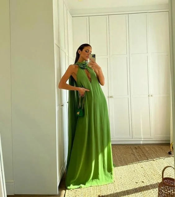 Women's Clothing Sets Effortless Grace Simple Green Long Prom Dress,Green Maxi Dress  Y7091