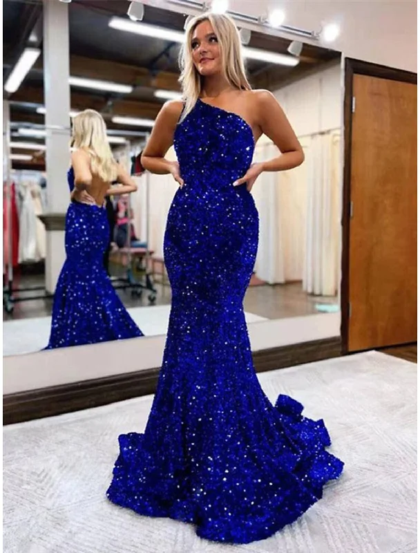 Women's Timeless Attire Explore What's New Mermaid / Trumpet Prom Dresses Sparkle & Shine Dress Formal Floor Length Sleeveless One Shoulder Sequined Backless with Sequin