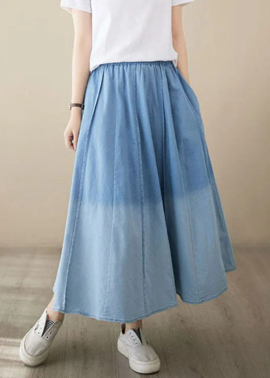 Women's Plus-Size Garments Fashion Forward Light Blue Pockets Patchwork Denim Skirts Wrinkled Summer