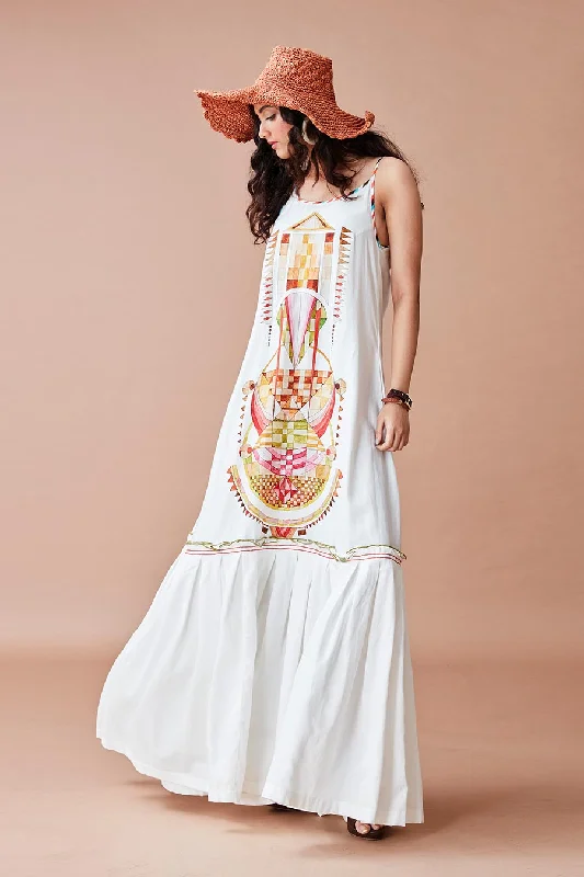 Women's Vacation Attire Best Seller Aska Triad Printed White Maxi Dress