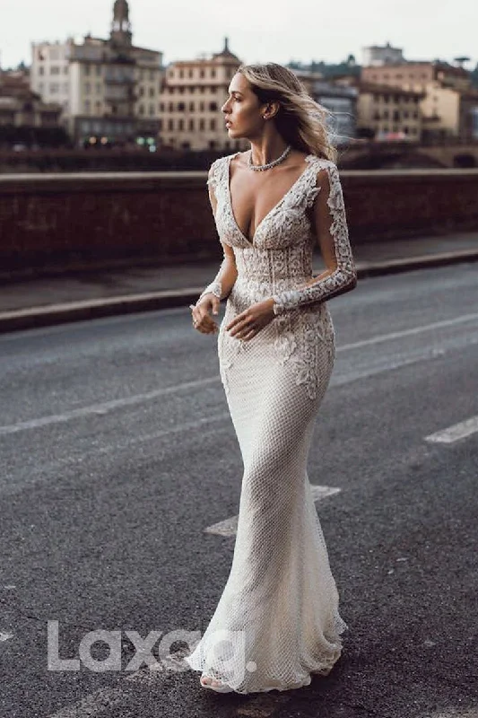 Women's Holiday Outfit Chic Styles 13543 - Deep V-neck Allover Lace Appliques Long Sleeves Bohemian Wedding Dress