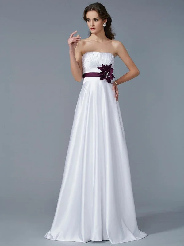 Women's Tailored Outfit Sophisticated Cut A-Line/Princess Strapless Sleeveless Hand-Made Flower Long Satin Dresses