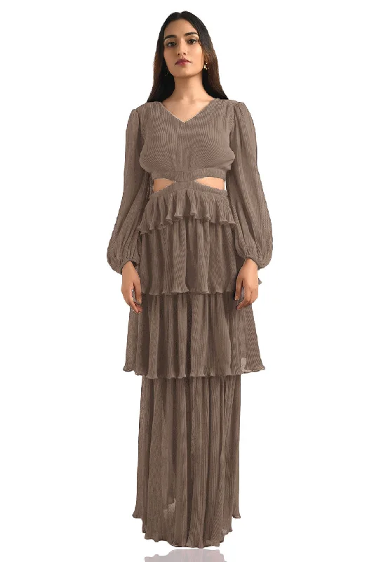 Women's Plus-Size Outfit Special Offer Brown Pleated Maxi Dress