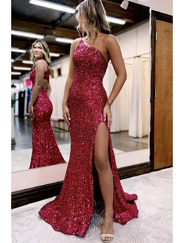 Modern Women's Attire Everyday Basics Mermaid / Trumpet Prom Dresses Sparkle & Shine Dress Formal Court Train Sleeveless One Shoulder Sequined with Sequin Slit