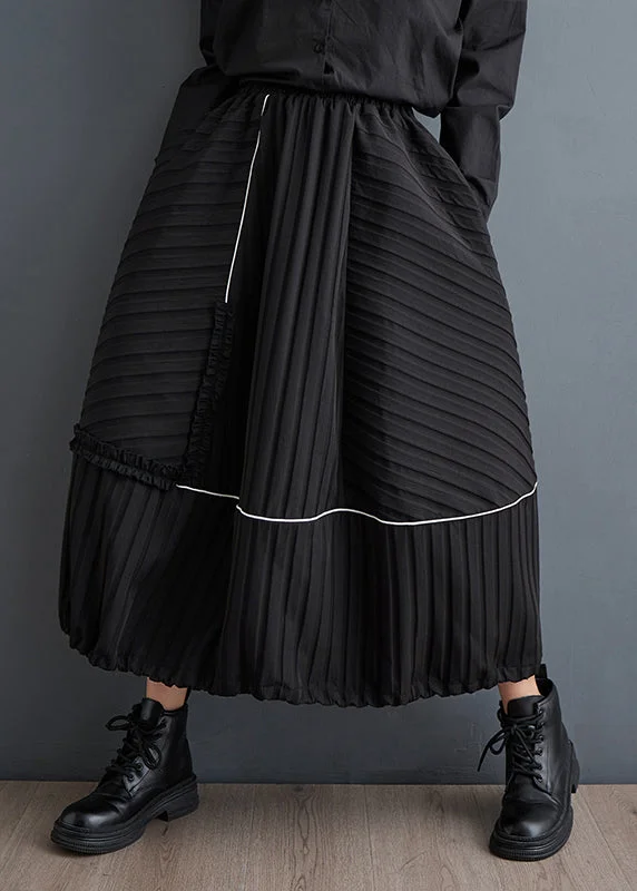 Casual Apparel For Women Don'T Miss Out New Black Ruffled Pockets Elastic Waist Cotton Skirts Fall