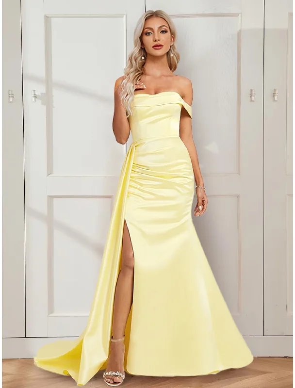 Modern Women's Outfit Seasonal Trend A-Line Prom Dresses Vintage Dress Party Wear Court Train Sleeveless Off Shoulder Stretch Satin with Ruched Slit