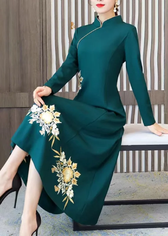 Fashionable Women's Casual Apparel Daily Essentials Classy Green Embroideried Patchwork Cotton Maxi Dresses Fall