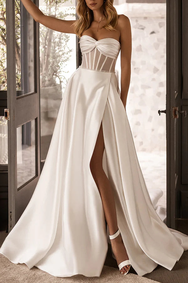 Plus-Size Women's Clothing Trend Alert A line sweetheart shaped high slit pocket satin wedding dress