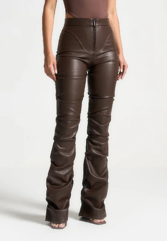 Women's Chic Outfit Special Offer Tacked Leather Flared Trousers - Brown