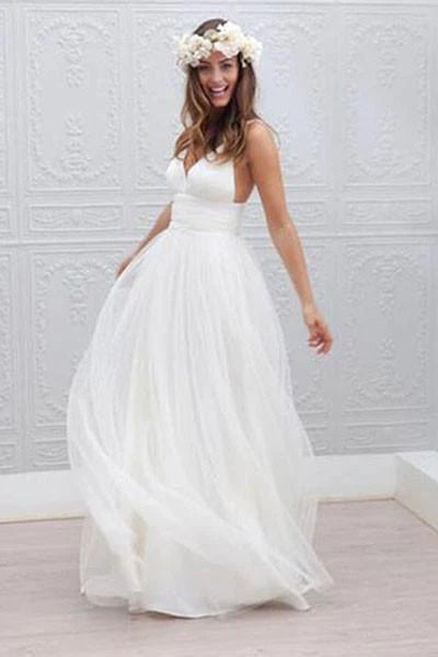 Women's Professional Garments Polished Finish A-line Simple Spaghetti Straps Beach Wedding Dress Summer Coast Off White Bridal Gown