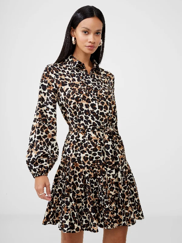 Women's High-Fashion Attire Budget Friendly Leopard Print Belted Shirt Mini Dress