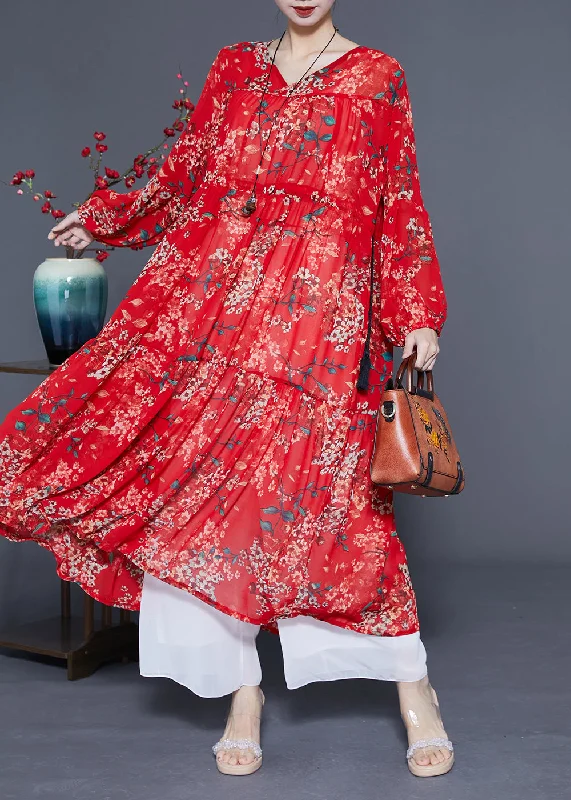 Women's Contemporary Apparel Clearance Event Loose Red Cinched Patchwork Print Chiffon Maxi Dress Spring