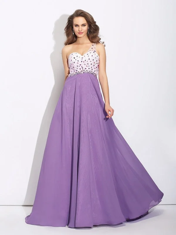 Women's Elegant Clothes Season Sale A-Line/Princess One-Shoulder Crystal Sleeveless Long Chiffon Dresses