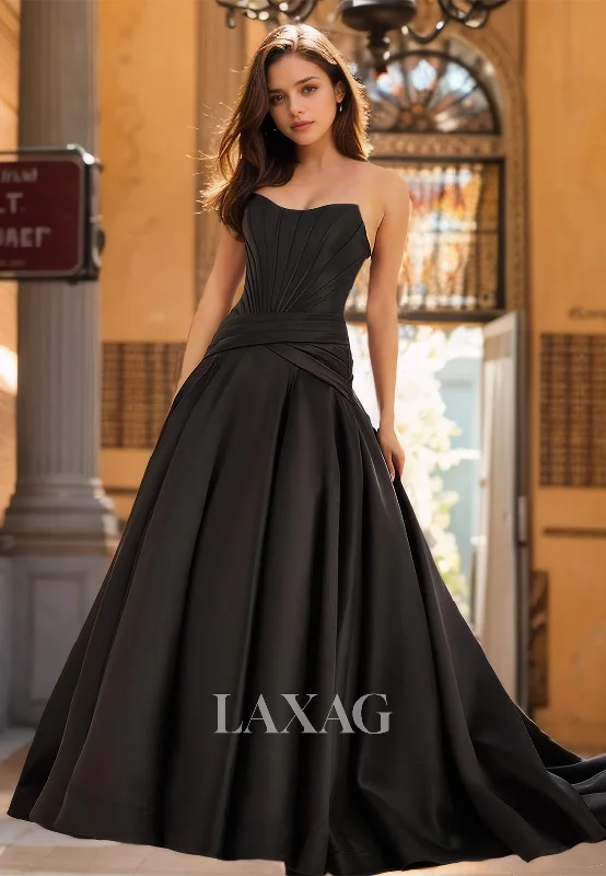 Women's Clothing With Trendy Designs Stylish Basics Simple Scoop-Neck Off-Shoulder A-line Prom Dress Sleeveless Pleated Sweep Train Formal Gowns