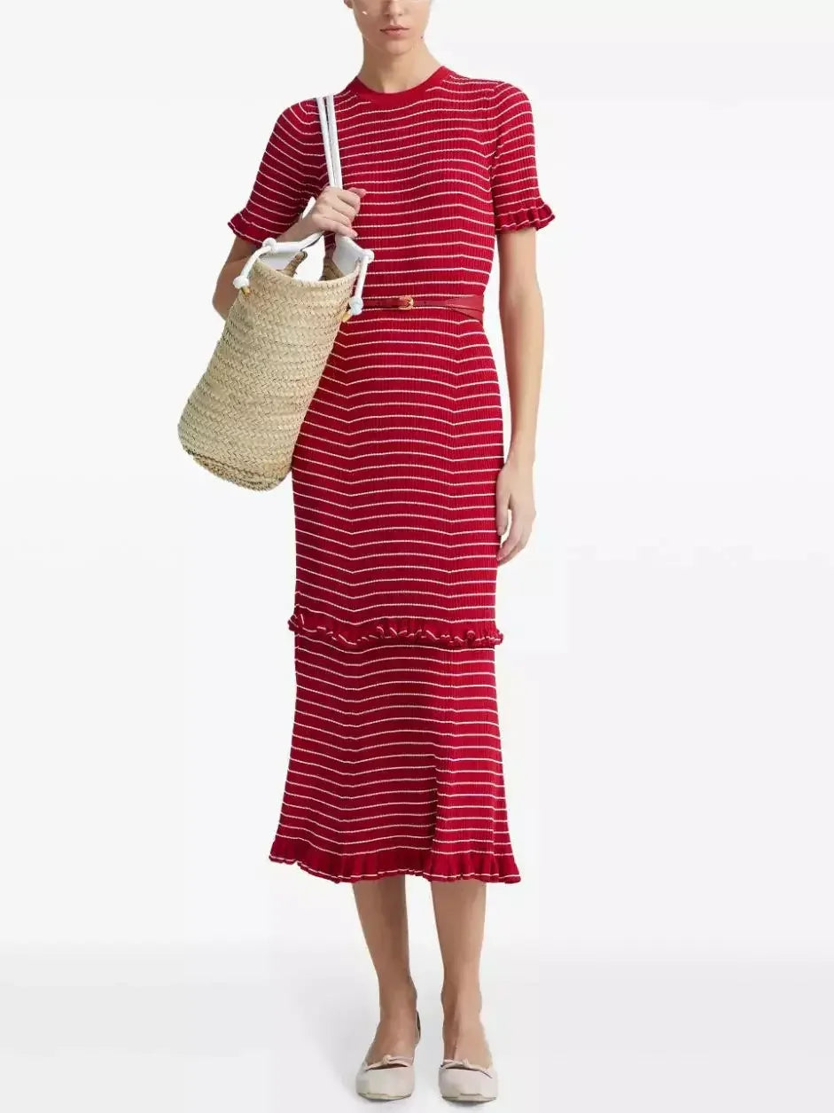 Elegant Women's Evening Garments Versatile Wardrobe Essentials Stripe Ruffle Trim Midi Dress in Red