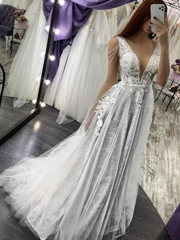 Affordable Women's Clothing End Of Season Sale A Line V Neck Open Back Beaded Ivory Lace Long Prom Dresses with Gray Lining, Ivory Lace Wedding Dresses, Ivory Formal Evening Dresses