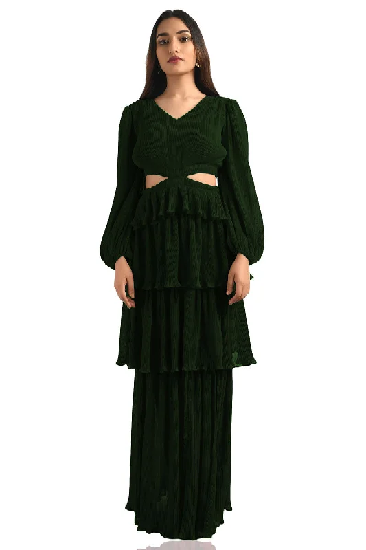 Women's Casual Wear Outfit Elegant Style Green Pleated Maxi Dress