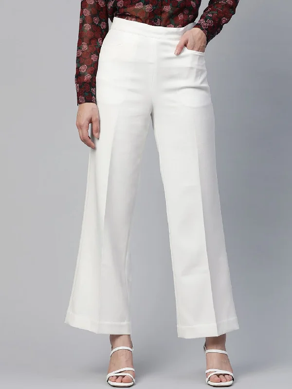 Women's Formal Event Attire Fashion Forward Comfort Fit Mid Waist Wide Bottom Stretch Trouser - White