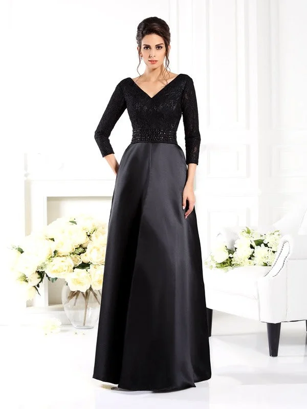 Women's Resort Attire Limited - Edition Drops A-Line/Princess V-neck Beading 3/4 Sleeves Long Satin Mother of the Bride Dresses