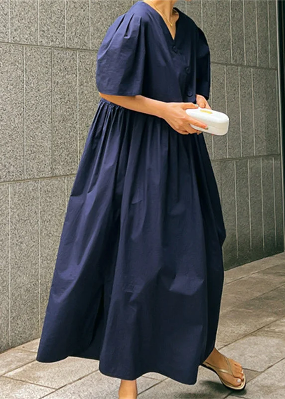 Casual Clothes For Women Trendy Pulse Loose Navy V Neck Wrinkled Button Cotton Maxi Dresses Short Sleeve