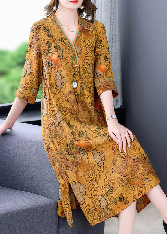 Women's Plus-Size Clothes Snag Fabulous Fashion Bargains Loose V Neck Print Side Open Silk Maxi Dresses Half Sleeve