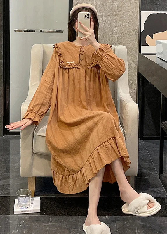 Women's High-Fashion Apparel Special Offer Loose Orange Sailor Collar Patchwork Wrinkled Solid Cotton Maxi Dress Long Sleeve